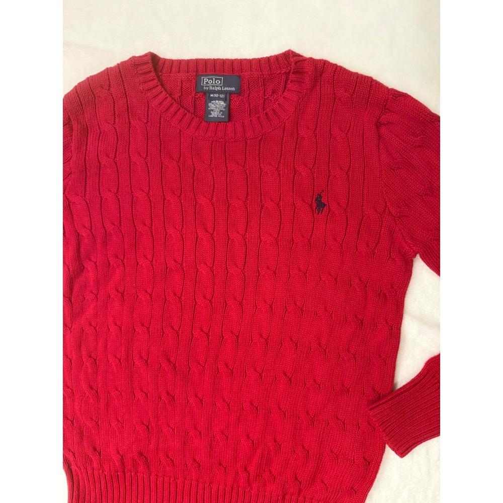 Polo Ralph Lauren Kids Red Cable Knit Cotton Sweater Boys Medium 10-12 Pony Logo